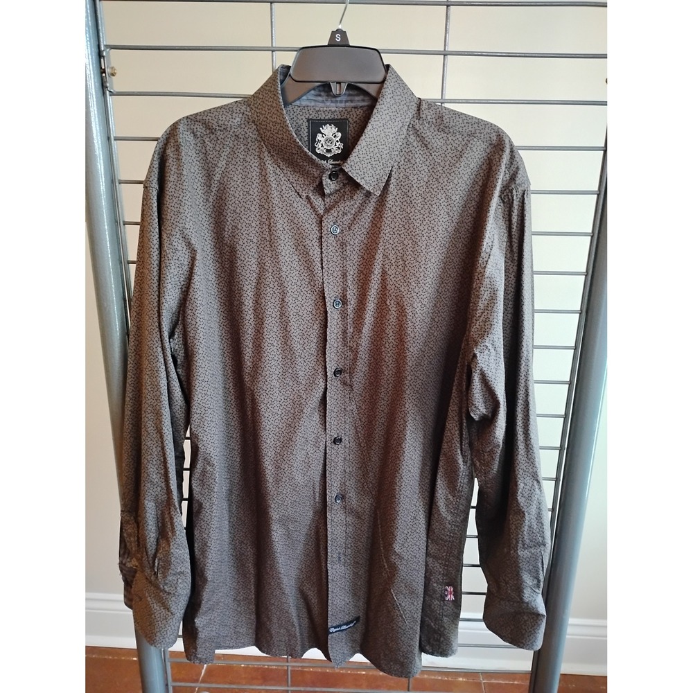 English Laundry Mens Long Sleeve Button Down Shirt Olive Black Micro Dot Size L